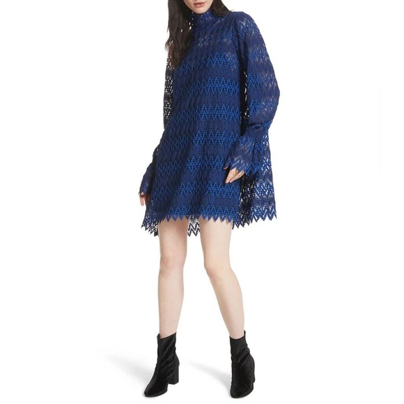 Free People Simone Blue Crochet Mini Dress With Lace Bell Sleeves Size Small - Picture 3 of 15
